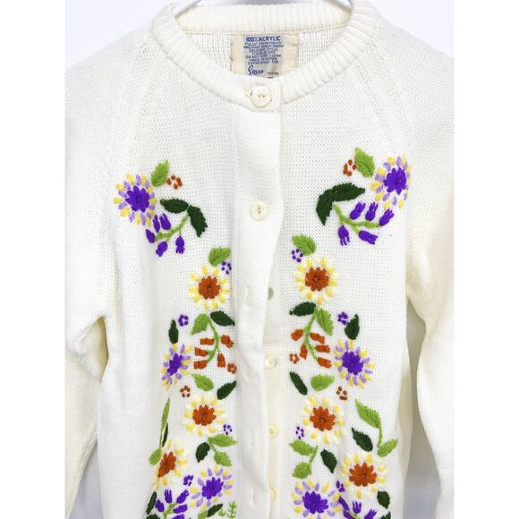 Vintage Sears Floral Embroidered White Knit Cardigan Sweater Size M - Picture 2 of 6
